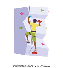 Climber or athlete on a climbing simulator trains skills for tourist adventure in the mountains, flat vector illustration isolated on white background.