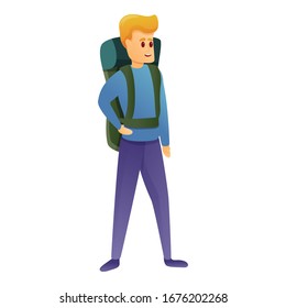 Climber Rucksack Junge Symbol. Cartoon des Bergsteigers Rucksack Junge Vektorillustration Symbol für Webdesign einzeln auf weißem Hintergrund