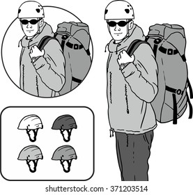 climber with a backpack and a helmet of black and white set
