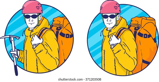 climber with backpack and helmet color set of circle