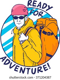 climber with a backpack and a helmet ready for adventure circle