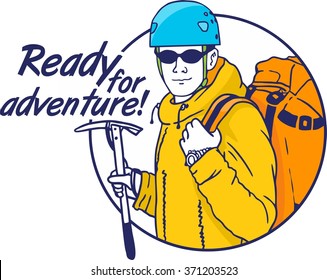 climber with a backpack and holding a helmet ice ax ready for adventure circle