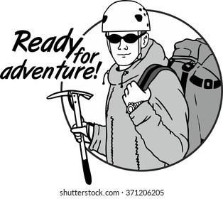 climber with a backpack and holding a helmet ice ax ready for adventure