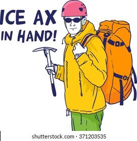 climber with a backpack to keep the ice ax in hand