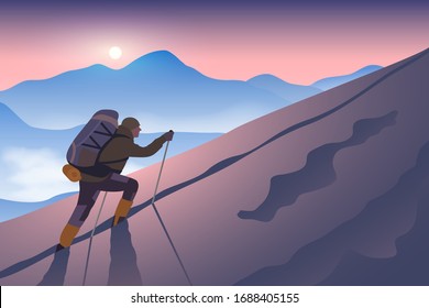 A climber with backpack and trekking poles climbs up a snowy slope to the mountain top. Sunset sky on a horison. Vector illustration, EPS 10.