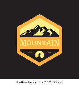 climber badge logo climbing mountain with sunset view outdoor icon vector illustration design