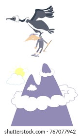 Climber and bird of prey in the mountain. Flying eagle or vulture holds a climber in the legs
