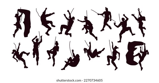 Climber black silhouettes. Rock climb wall. Danger mountain adventures. Male on extreme cliff. Freedom activity. Bouldering training. Mountaineer exercises. Vector exact illustration set