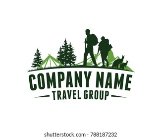Climber Camping Tent with Mountain, Pine Tree and Kangaroo Animal - Illustration Travel Group Company Logo Vector