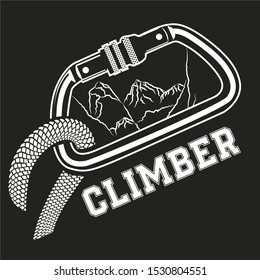 Climber carabiner with mountines and rope vector illustration