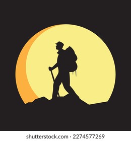 climber climbing mountain with sunset view outdoor logo design vector icon illustration