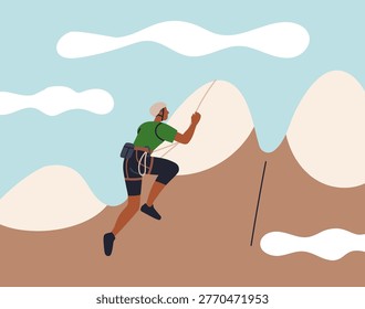 Climber climbing on rock, mountain peak. Mountaineer with rope, equipment on cliff, mount. Extreme travel, adventure, nature landscape. Alpinist tourist at height. Flat vector illustration