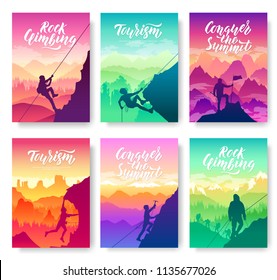 climber climbs the mountain brochure cards set. Extreme lifestyle of rock climbers template of flyear, magazines, poster, books, invitation banners. Tourist hiking layout modern 