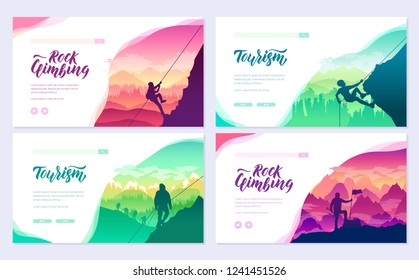 climber climbs the mountain brochure cards set. Extreme lifestyle of rock climbers template of flyear, web banner, ui header, enter site. Tourist hiking layout modern slider 