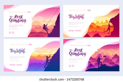 climber climbs the mountain brochure cards set. Extreme lifestyle of rock climbers template of flyear, web banner, ui header, enter site. Tourist hiking layout modern slider 