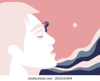 A climber climbs a a person-shaped mountain. Effort into trully knowing a person concept illustation. Vector.