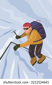 Un escalador sube una pendiente cubierta de nieve, ilustración vectorial. El concepto de montañismo