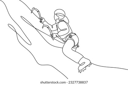 Climber climbs steep cliff  National Mountain Climbing Day  One line drawing for different uses  Vector illustration 