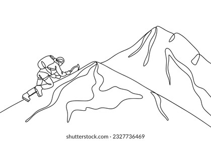 The climber climbs to the top of the mountain. National Mountain Climbing Day. One line drawing for different uses. Vector illustration.