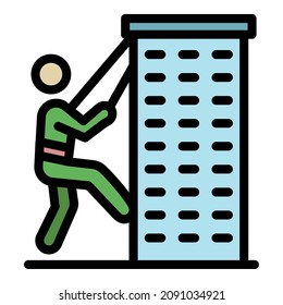 Climber climbs the tower icon. Outline climber climbs the tower vector icon color flat isolated