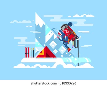 Climber conquers the summit. Mountain and adventure, climbing and challenge, brave and courage, extreme and risk, vector illustration