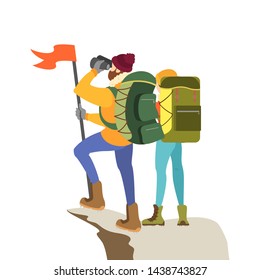 Climber couple standing on the mountain peak with flag. Idea of achievement and triumph. Isolated vector illustration in cartoon style