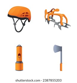 Climber equipment icons set cartoon vector. Sport gear. Active recreation, alpinism