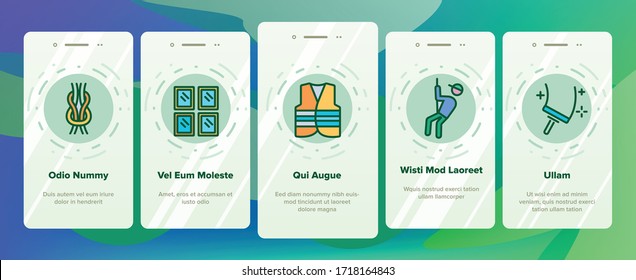 Climber Equipment Onboarding Icons Set Vector. Climber Helmet And Glasses, Boot, Safety Rope And Skyscraper Windows Cleaning Device Illustrations