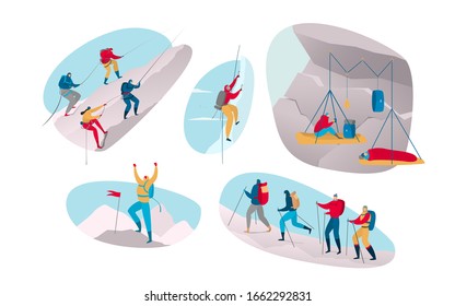 Climber in extreme sport on mountain. People climbing in outdoor adventure cartoon vector illustration isolated on white. Man, women climb mountain, reach top, go on sticks one after another