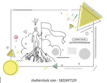 Climber with flag conquering top of mountain. Hand Drawn Vector Background.