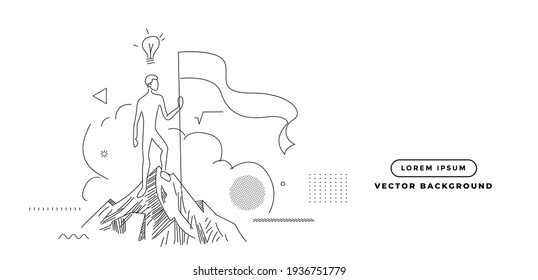 Climber with flag conquering top of mountain. Hand Drawn Vector Background.