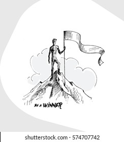 Climber with flag conquering top of mountain. Hand Drawn Vector Background.