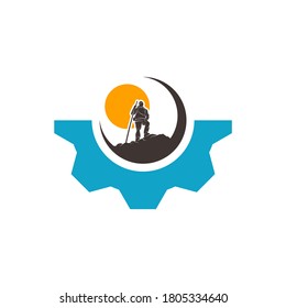 Climber with Gear logo design vector template. Outdoor activity logo symbol