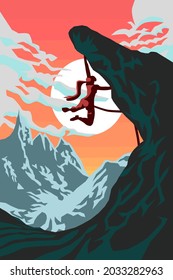 Climber girl vector illustration poster woman climbing the rock mountain at sunset or sunrise