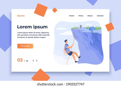 Climber hanging on rope and pulling himself on top of rocky mountain wall. Extreme mountaineer climbing on cliff. For sport, outdoor activity, risk, alpinist concept