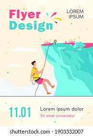 Climber hanging on rope and pulling himself on top of rocky mountain wall. Extreme mountaineer climbing on cliff. For sport, outdoor activity, risk, alpinist concept