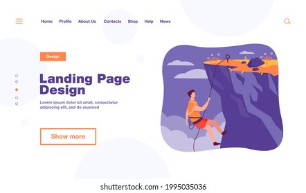 Climber hanging on rope and pulling himself on top of rocky mountain wall. Extreme mountaineer climbing on cliff. For sport, outdoor activity, risk, alpinist concept