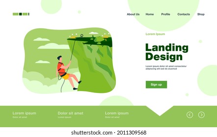 Climber hanging on rope and pulling himself on top of rocky mountain wall. Extreme mountaineer climbing on cliff. For sport, outdoor activity, risk, alpinist concept