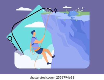 Climber hanging on rope and pulling himself on top of rocky mountain wall. Extreme mountaineer climbing on cliff. For sport, outdoor activity, risk, alpinist concept