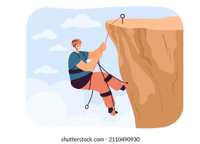 Climber hanging on rope on steep slope among clouds in sky. Risky happy woman climbing high top of rocky mountain with effort flat vector illustration. Hiking challenge, extreme sport concept