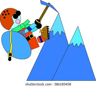 Climber in a helmet and a backpack with boots with studs got to the mountain top and holding on to her ice ax. The concept of a healthy lifestyle, sport and mountain tourism