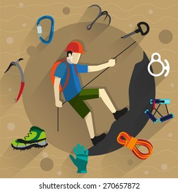 Climber in helmet rises on a rock. Around him climbing equipment and accessories. Flat style icons