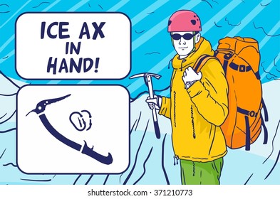 climber holding an ice ax comics instruction