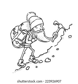 Climber with huge backpack climbing the mountain. Cartoon vector illustration.