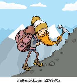 Climber With Huge Backpack Climbing The Mountain. Cartoon Vector Illustration.