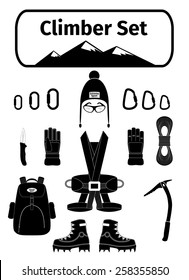 Climber icons set with equipment, vector illustration