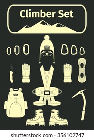 Climber icons set with equipment, vector illustration