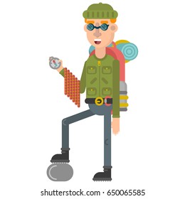 Climber isolated on white flat vector illustration. Climber with backpack and equipment. 	
Tourist.