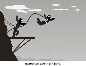 Climber jumping from a cliff on a rope. Vector banner