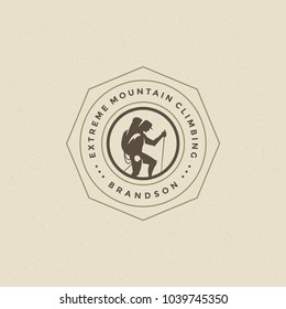 Climber logo emblem vector illustration. Outdoor adventure expedition, mountaineer man silhouette shirt, print stamp. Vintage typography badge design.
